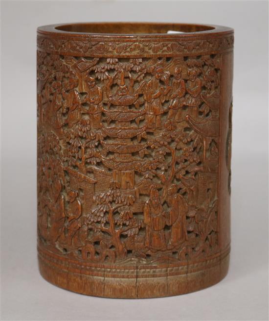 A large Chinese bamboo brush pot carved with figures & Phoenix late 19th Century